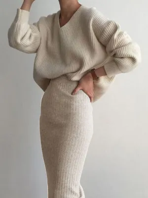 Fashion Casual Loose V-neck Long Sleeve Solid Color Two-piece Suit