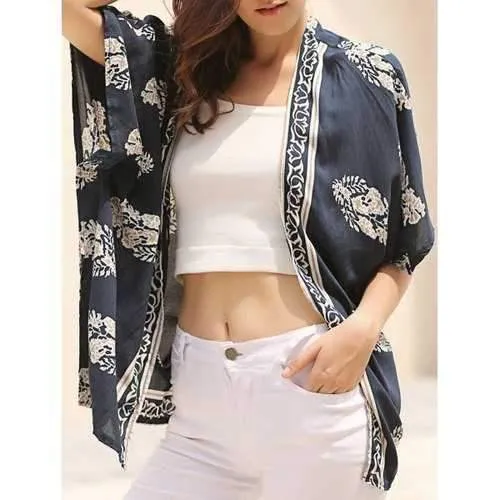 Fashionable Floral Print 3/4 Sleeve Kimono Cardigan For Women - Blue L