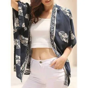 Fashionable Floral Print 3/4 Sleeve Kimono Cardigan For Women - Blue L