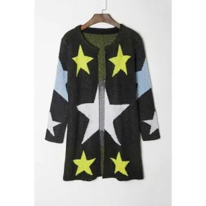 Fashionable Round Collar Star Pattern Long Sleeve Cardigan For Women - Black One Size(fit Size Xs To M)