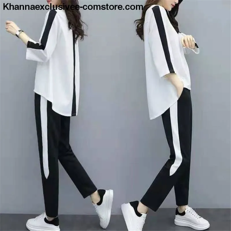 Fashionable Women's Outfit Tracksuit Sportswear Top and Pants Ruffles Striped Set