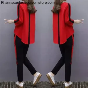 Fashionable Women's Outfit Tracksuit Sportswear Top and Pants Ruffles Striped Set