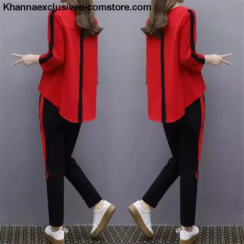 Fashionable Women's Outfit Tracksuit Sportswear Top and Pants Ruffles Striped Set