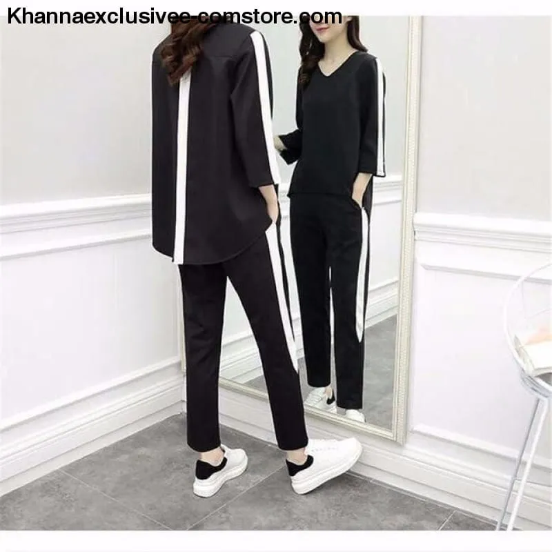 Fashionable Women's Outfit Tracksuit Sportswear Top and Pants Ruffles Striped Set