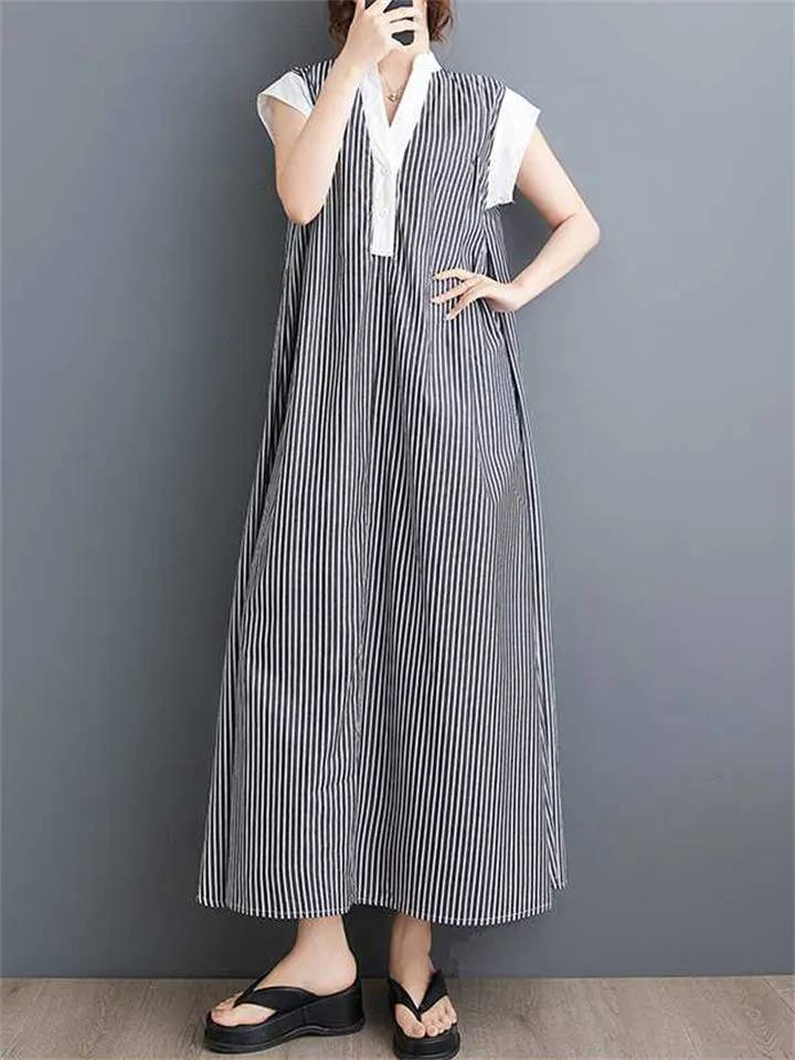 Female V-Neck White Collar Sleeve Trim Striped Dresses