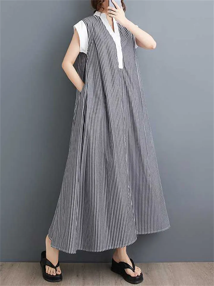 Female V-Neck White Collar Sleeve Trim Striped Dresses