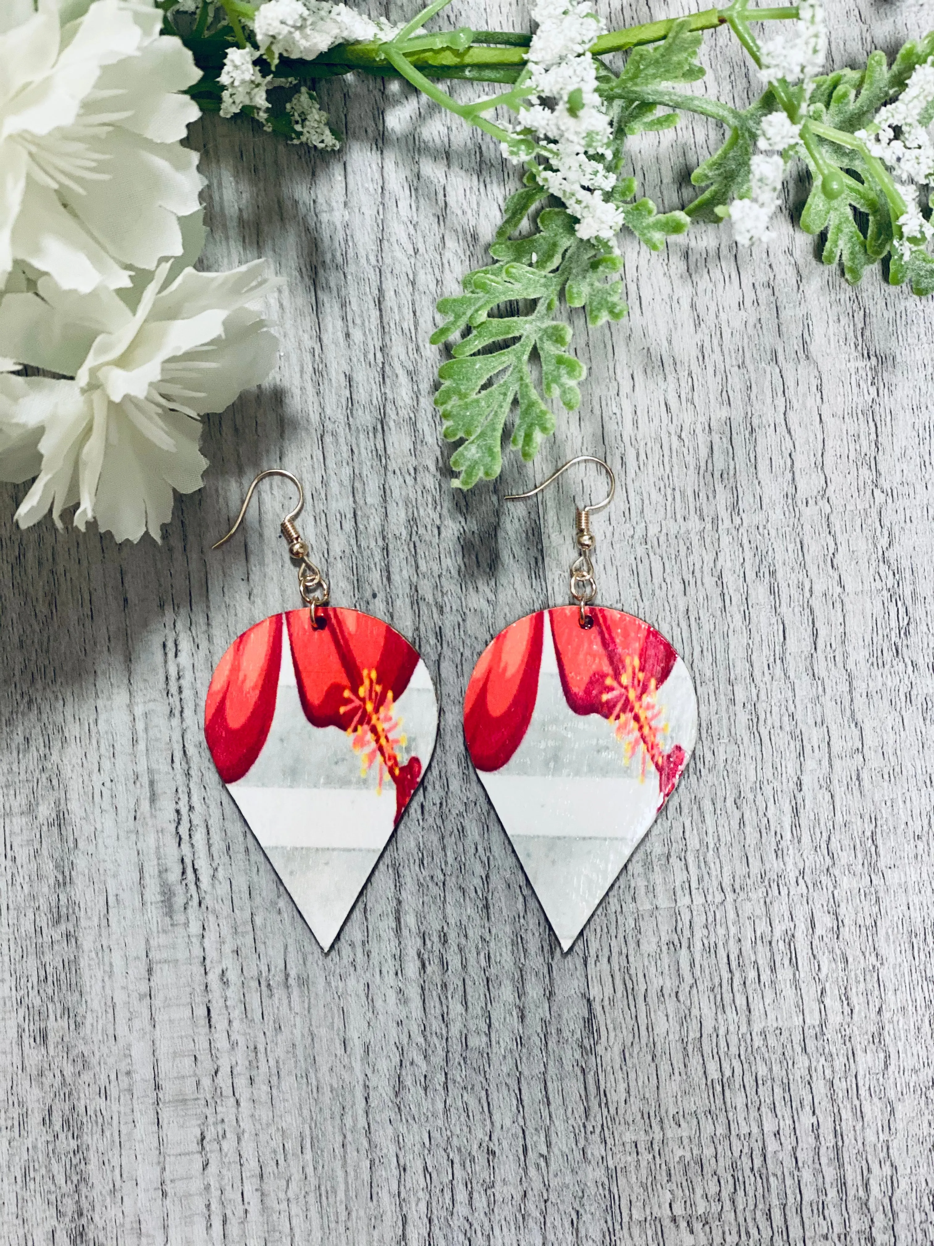 Floral Gray Striped Wooden Earrings