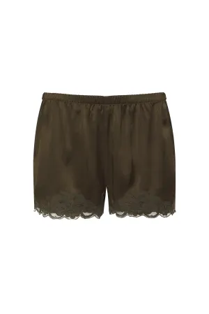 Floral Lace Silk Shorts Dark Olive