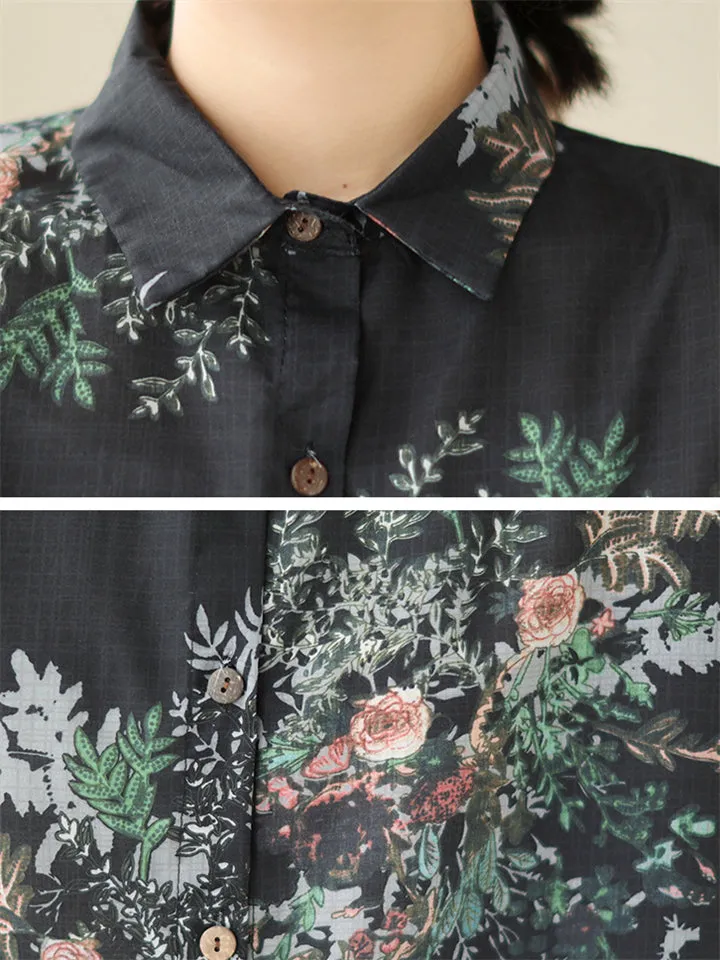 Floral Print Loose-fitting Lapel Shirts for Ladies