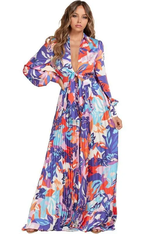 FLORAL PRINT PALAZO PLEATED JUMPSUIT