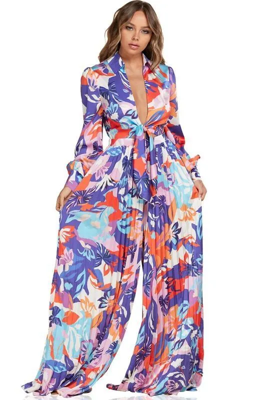 FLORAL PRINT PALAZO PLEATED JUMPSUIT