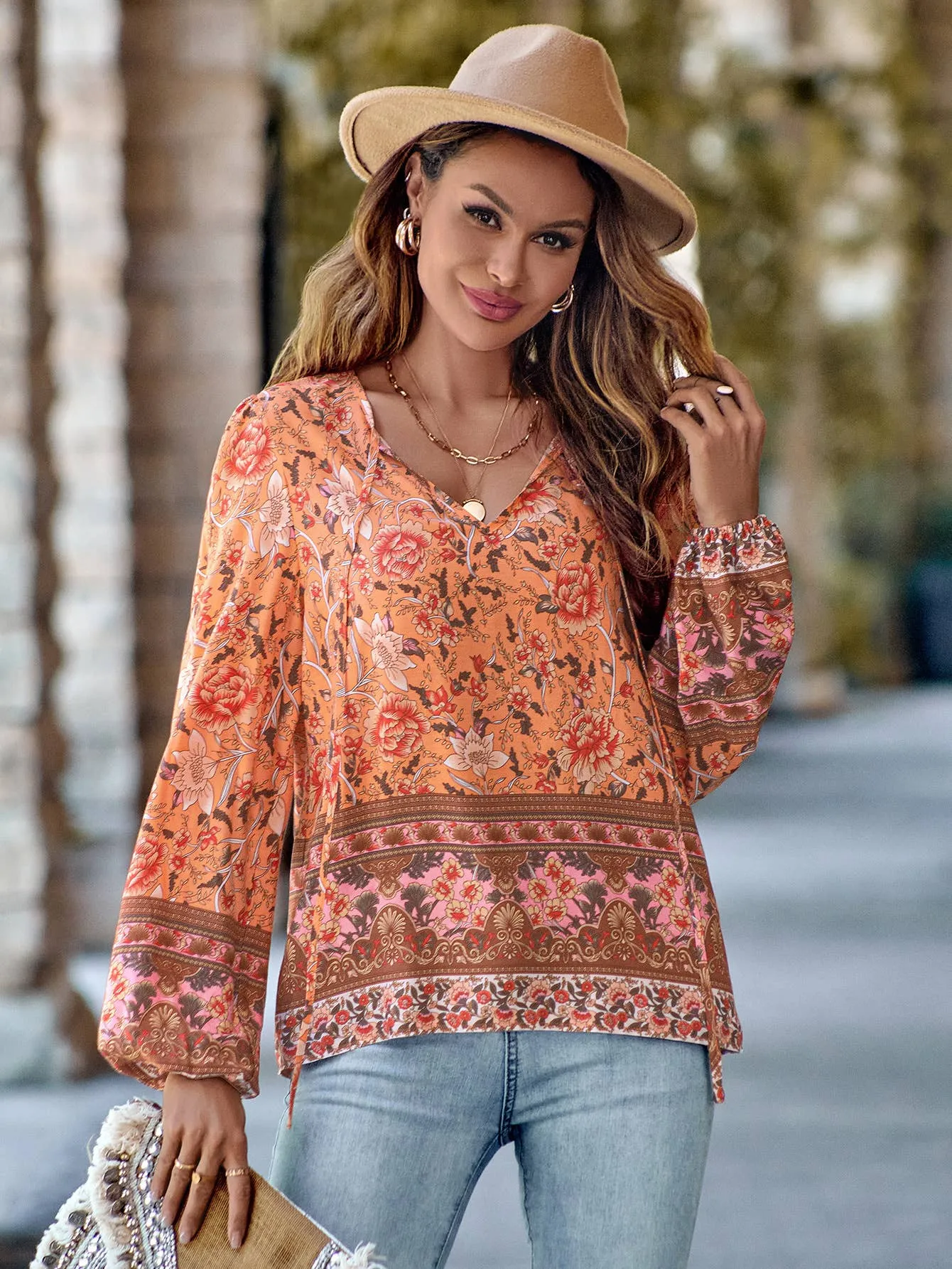 Floral Print V Neck Blouse with Ties