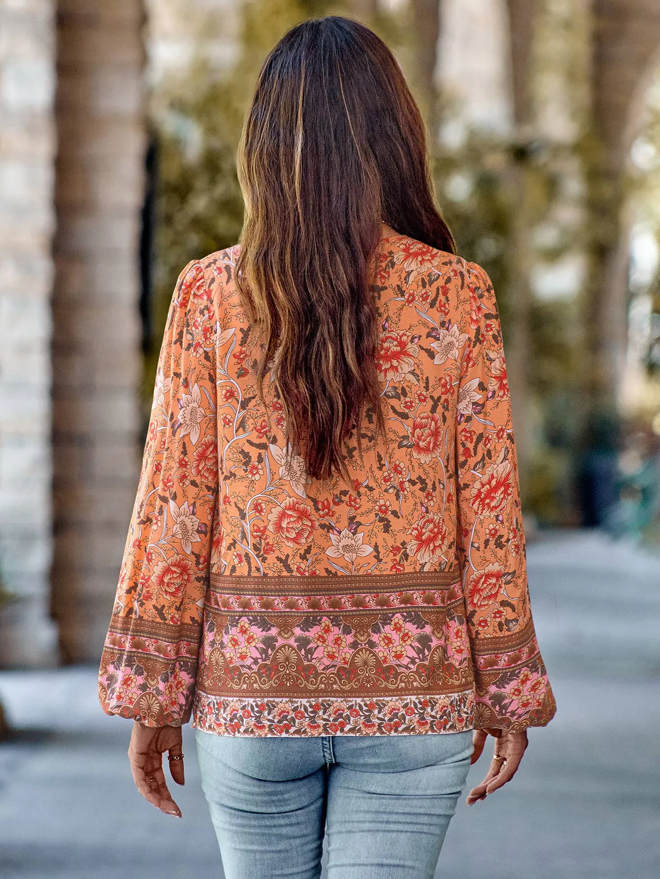 Floral Print V Neck Blouse with Ties