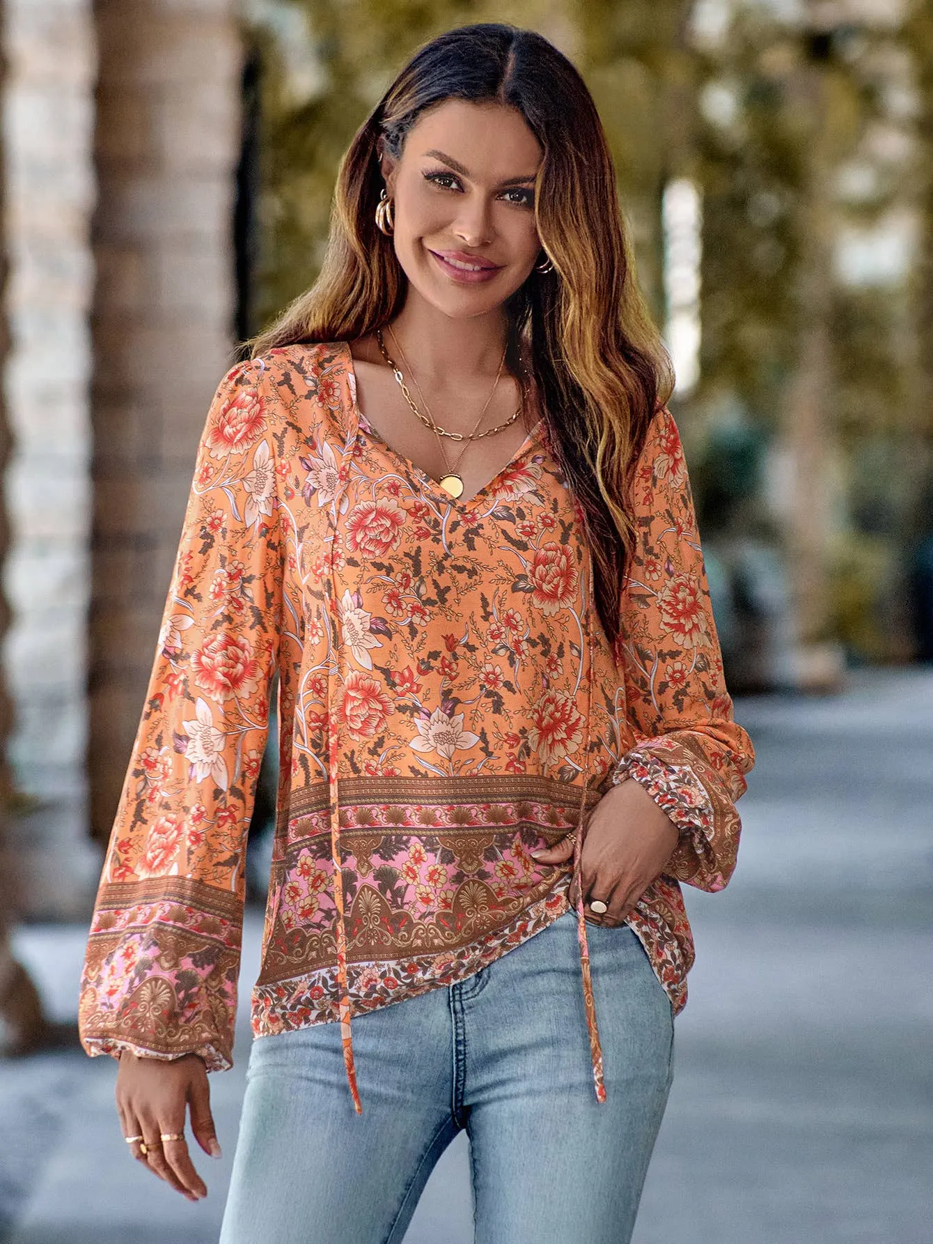 Floral Print V Neck Blouse with Ties