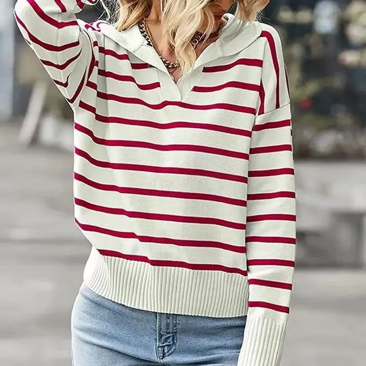 Forrest Red/Khaki Lapel Striped Knit Sweater