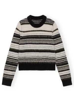 Ganni Soft Wool Stripe O-Neck Sweater in Black 099
