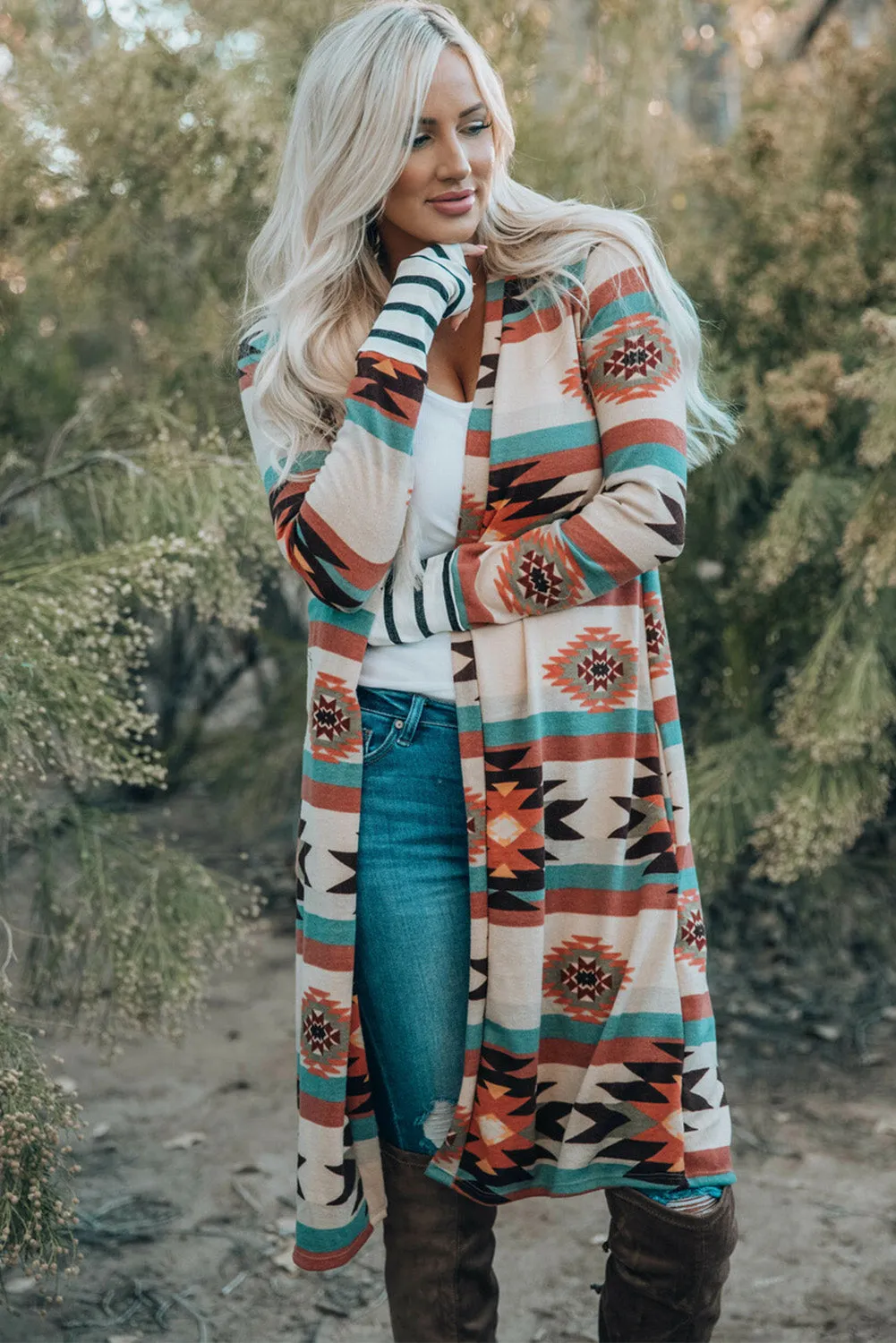 Geometric Block Open Front Long Cardigan