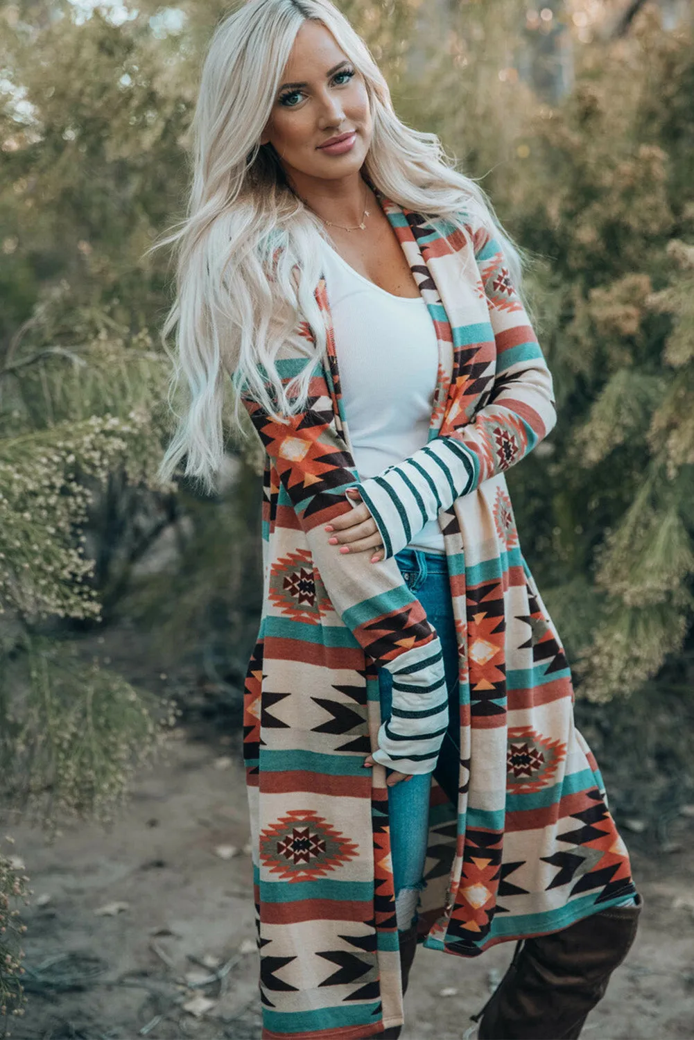Geometric Block Open Front Long Cardigan