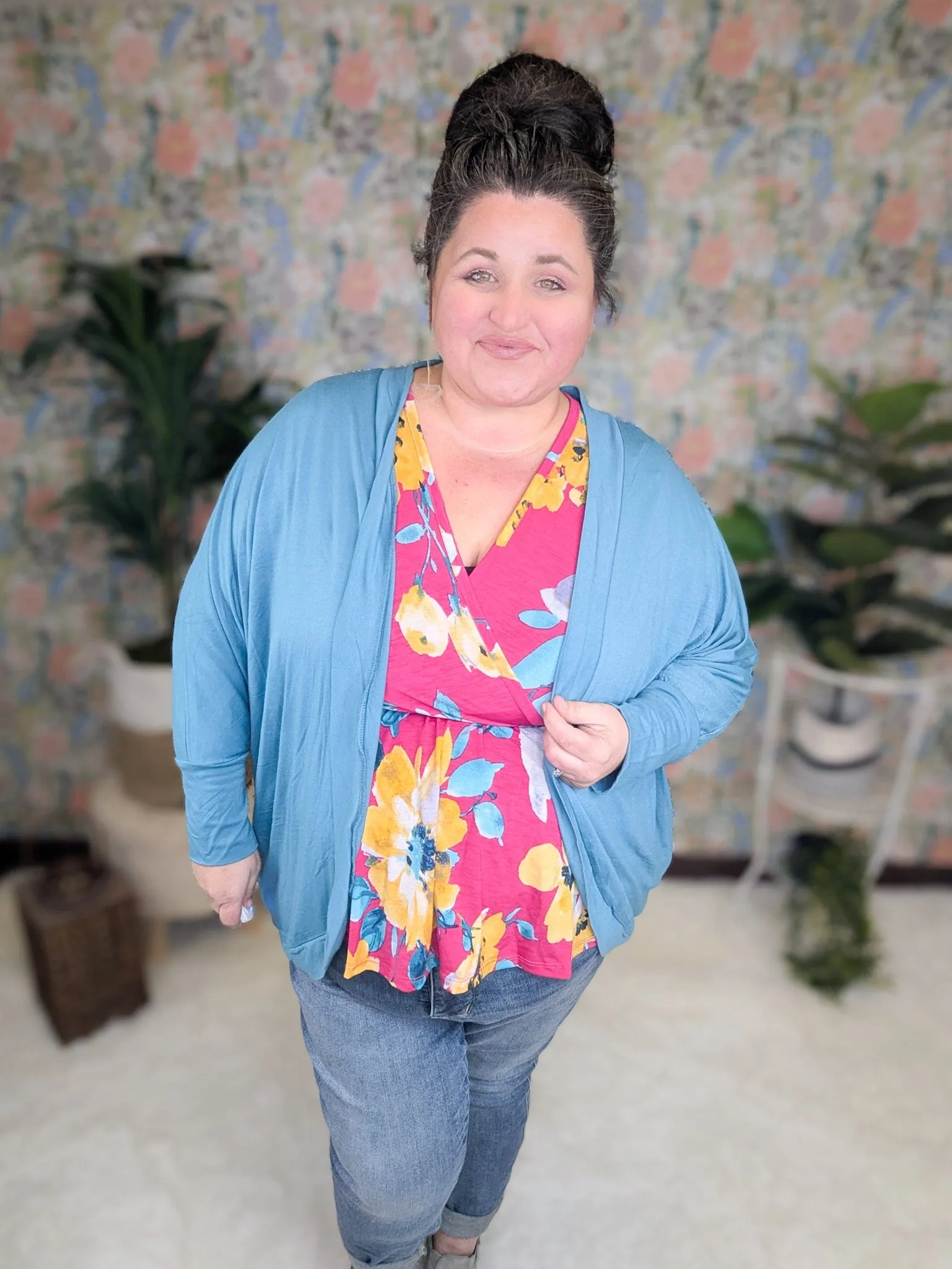 Georgia Faux Wrap Belted Top in Bold Floral on Magenta