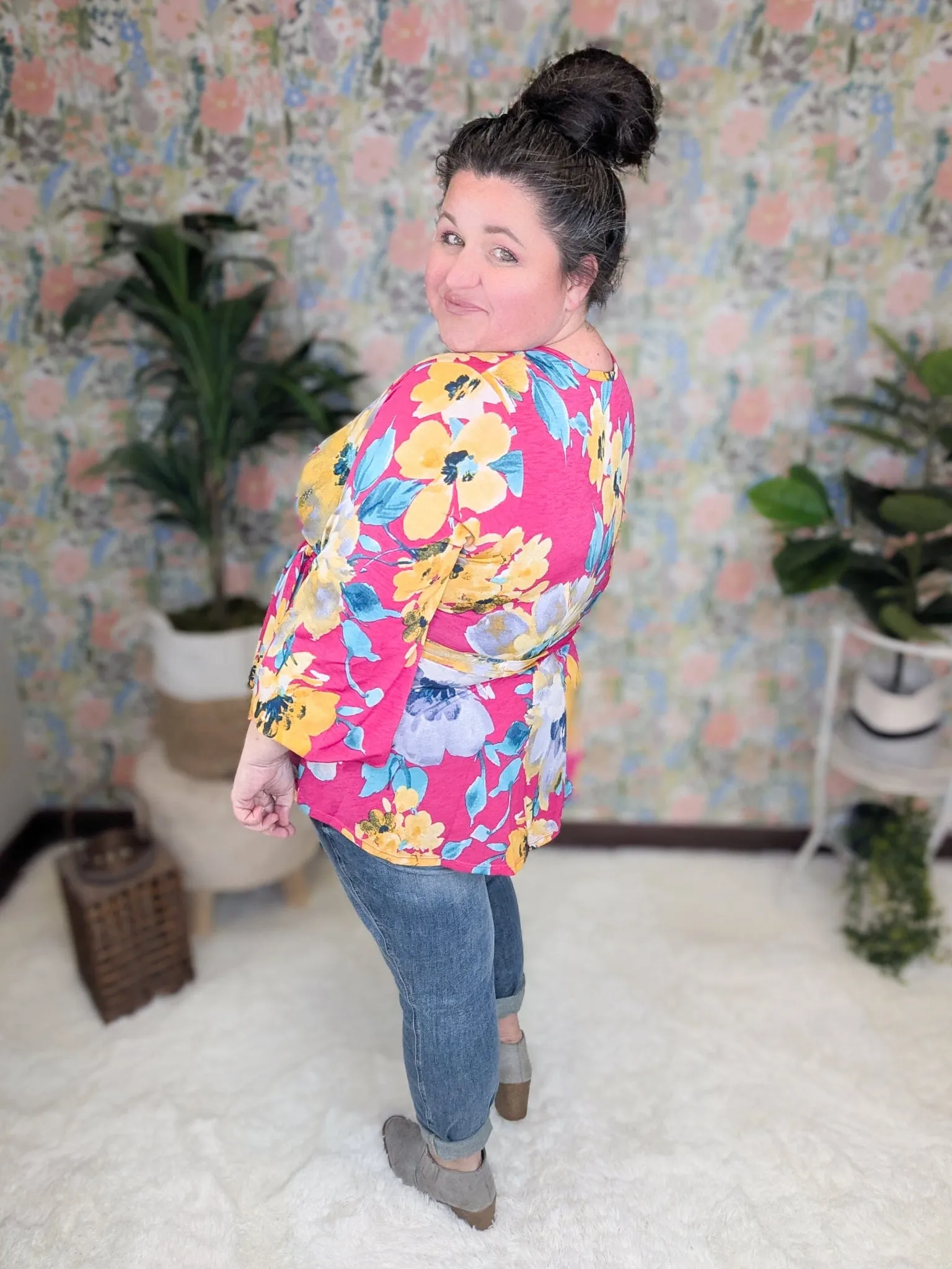 Georgia Faux Wrap Belted Top in Bold Floral on Magenta