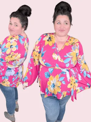 Georgia Faux Wrap Belted Top in Bold Floral on Magenta