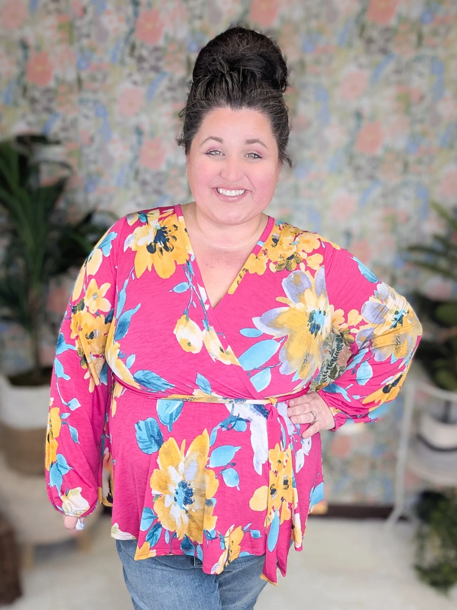 Georgia Faux Wrap Belted Top in Bold Floral on Magenta