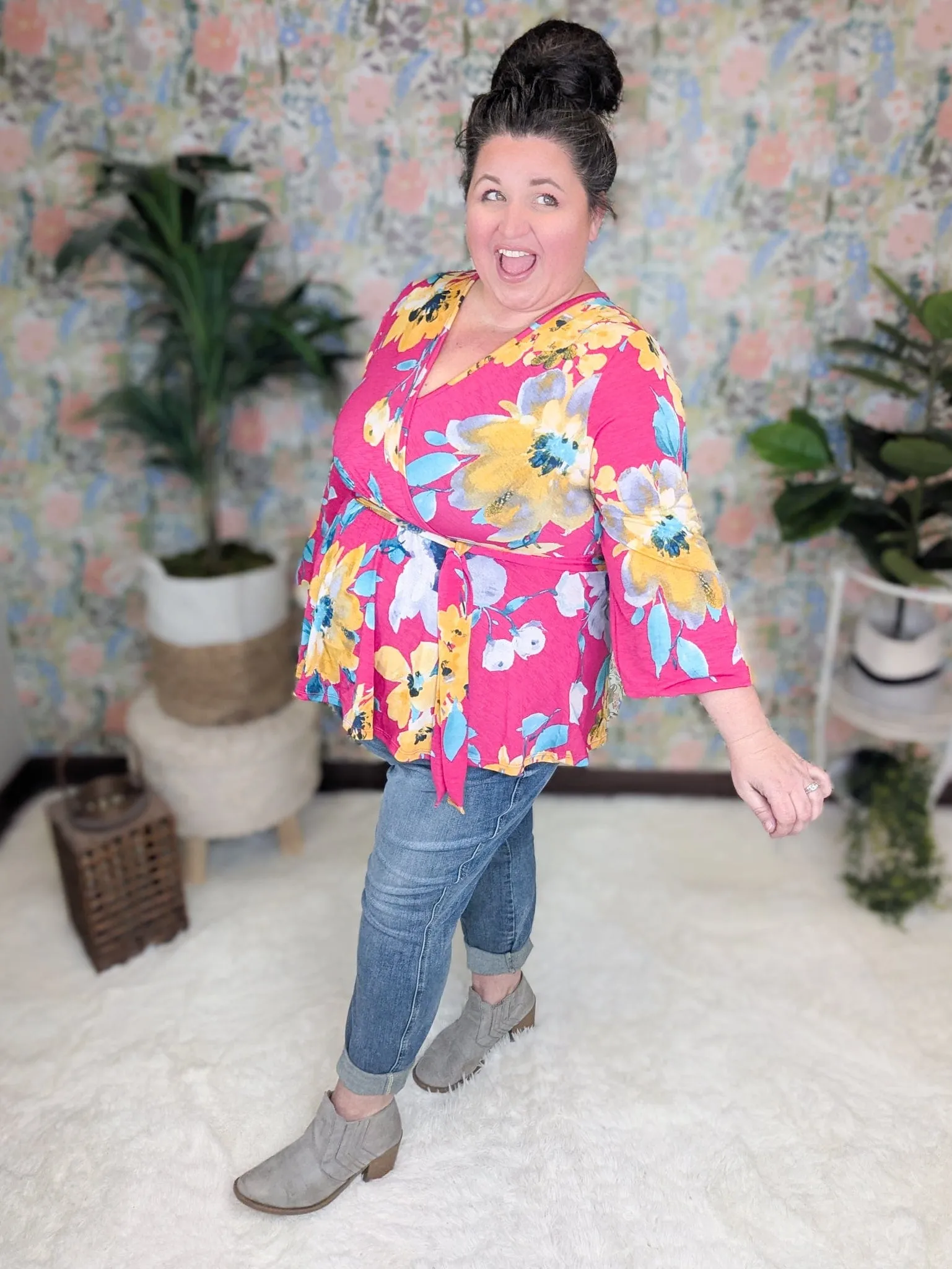 Georgia Faux Wrap Belted Top in Bold Floral on Magenta