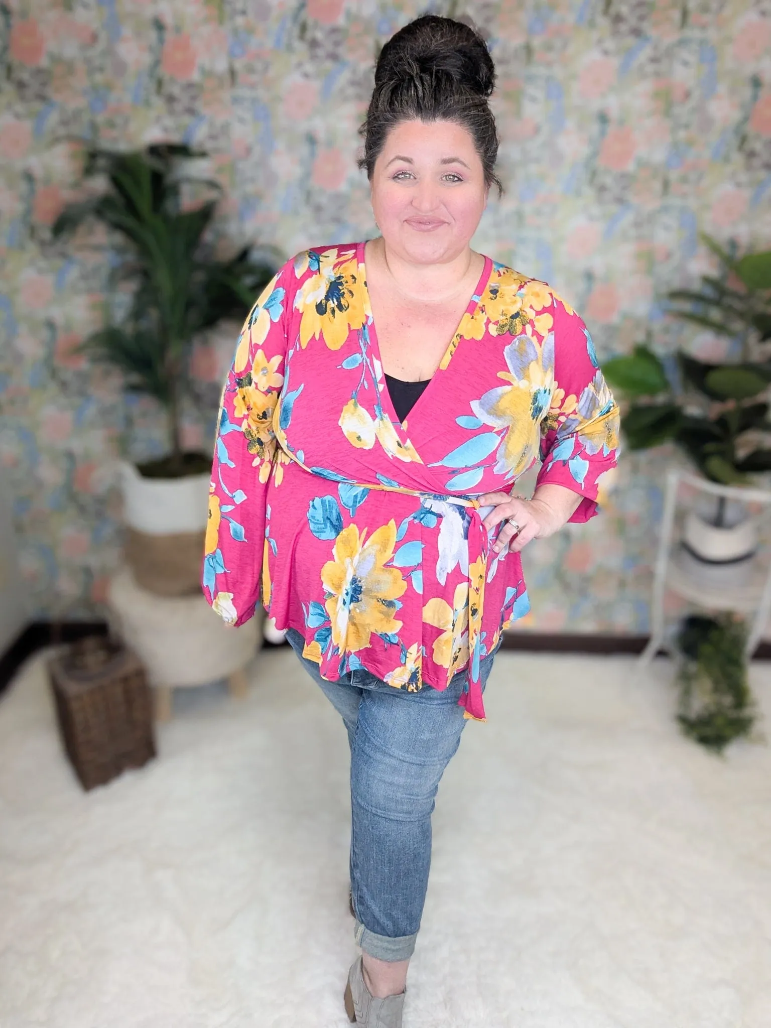 Georgia Faux Wrap Belted Top in Bold Floral on Magenta