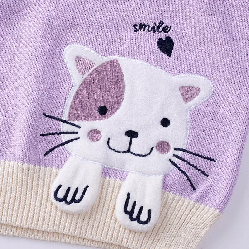 Girls Cartoon Embroidered Cat Knitted Vest - Blue, Green, Lavender
