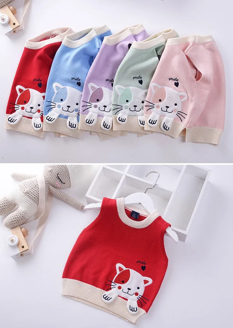 Girls Cartoon Embroidered Cat Knitted Vest - Blue, Green, Lavender