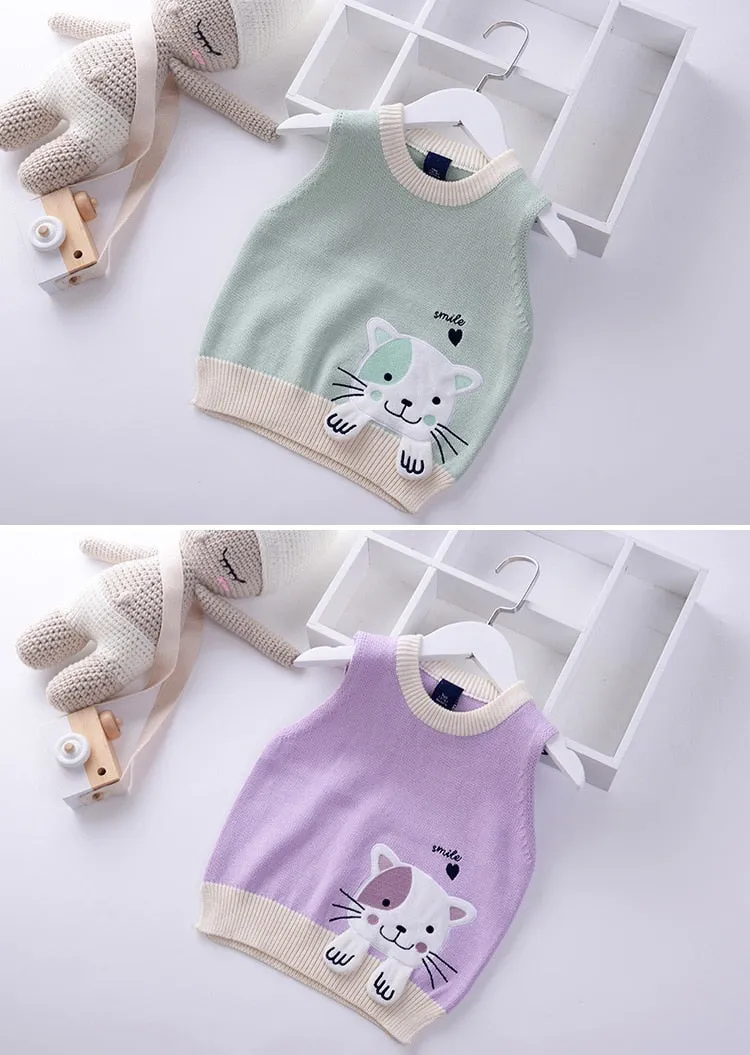 Girls Cartoon Embroidered Cat Knitted Vest - Blue, Green, Lavender