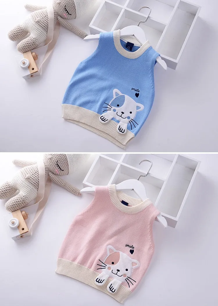 Girls Cartoon Embroidered Cat Knitted Vest - Blue, Green, Lavender