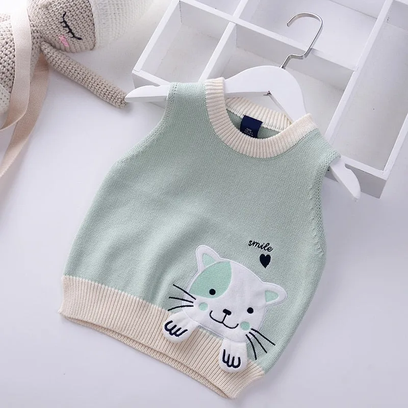 Girls Cartoon Embroidered Cat Knitted Vest - Blue, Green, Lavender