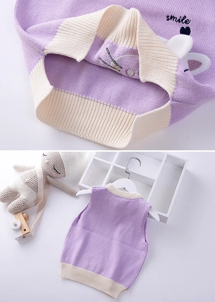 Girls Cartoon Embroidered Cat Knitted Vest - Blue, Green, Lavender