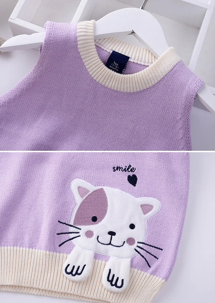 Girls Cartoon Embroidered Cat Knitted Vest - Blue, Green, Lavender