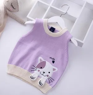 Girls Cartoon Embroidered Cat Knitted Vest - Blue, Green, Lavender