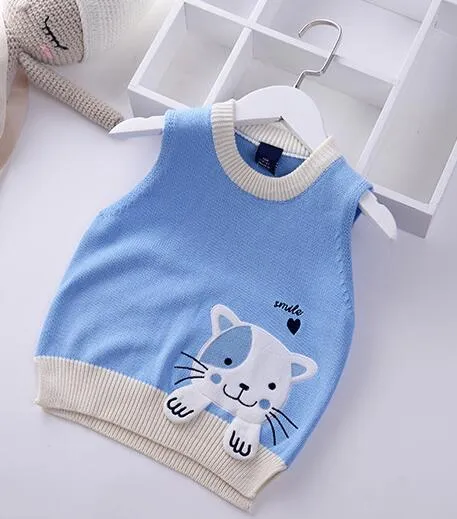 Girls Cartoon Embroidered Cat Knitted Vest - Blue, Green, Lavender