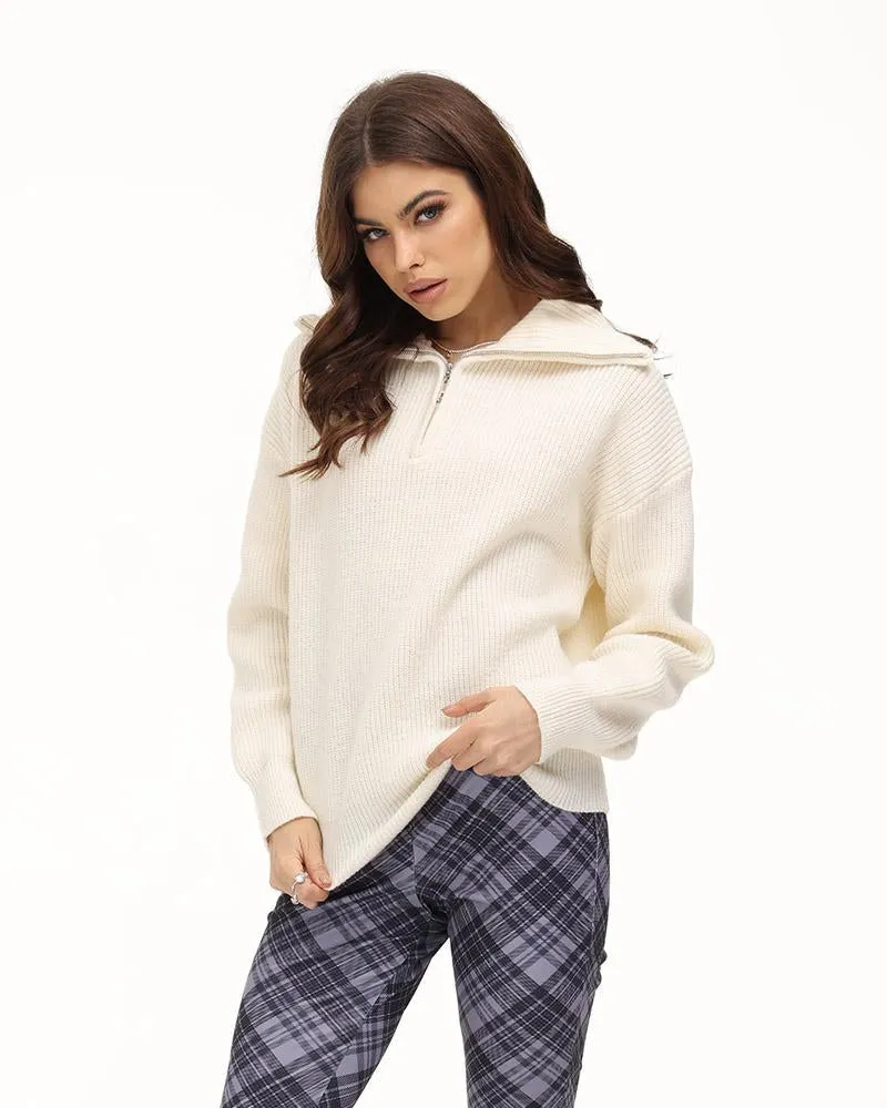 Glosst Ribbed Lapel Zip Sweater