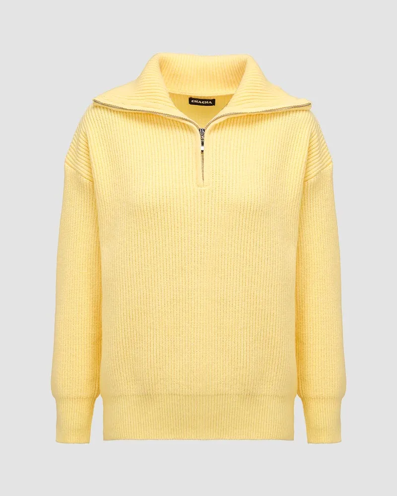 Glosst Ribbed Lapel Zip Sweater