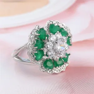 Green & White Cubic Zirconia Ornate Floral Ring