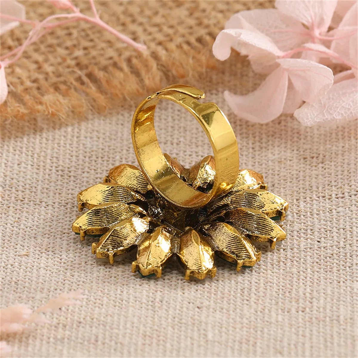 Green Crystal & Cubic Zirconia Flower Adjustable Ring