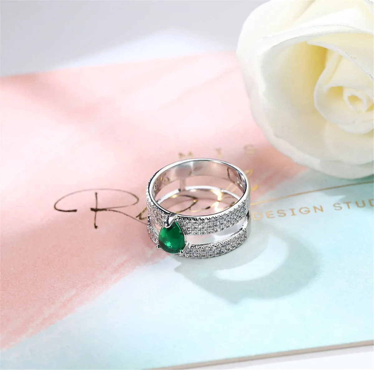 Green Cubic Zirconia & Crystal Layered Ring