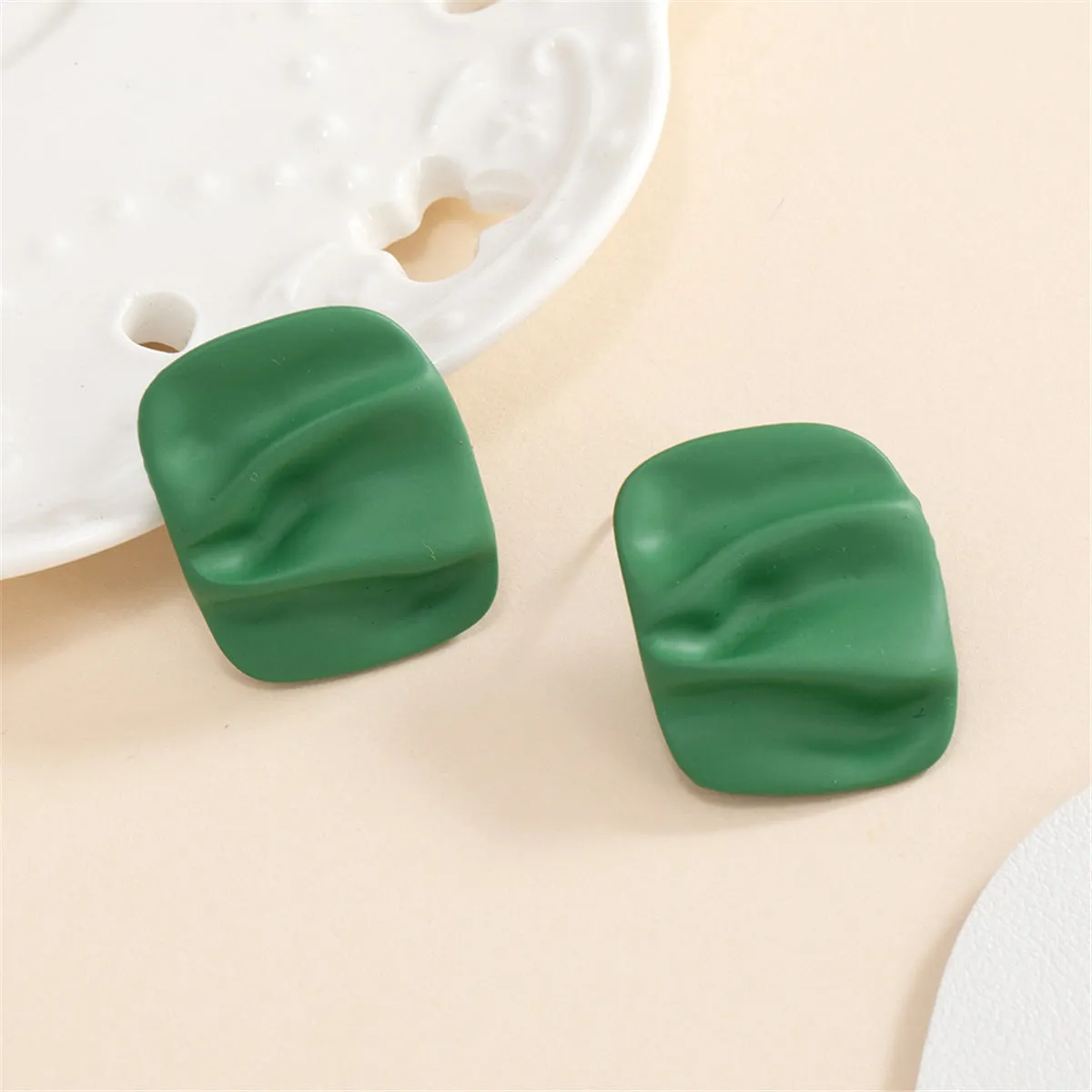 Green Enamel & Silver-Plated Ripple Stud Earrings