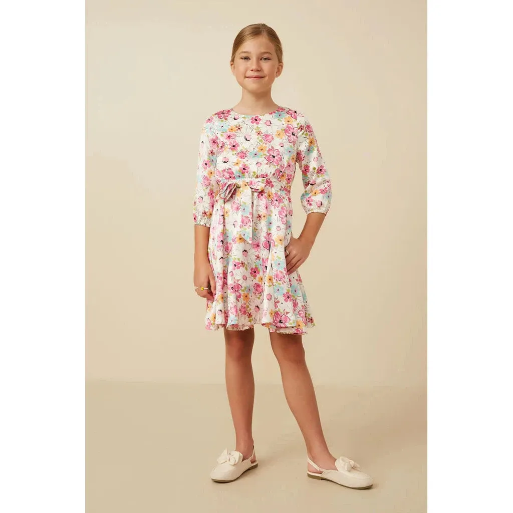 Hayden Girls Satin Floral Long Sleeve Belted Flare Skirt Dress