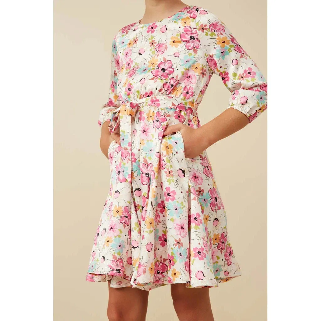Hayden Girls Satin Floral Long Sleeve Belted Flare Skirt Dress