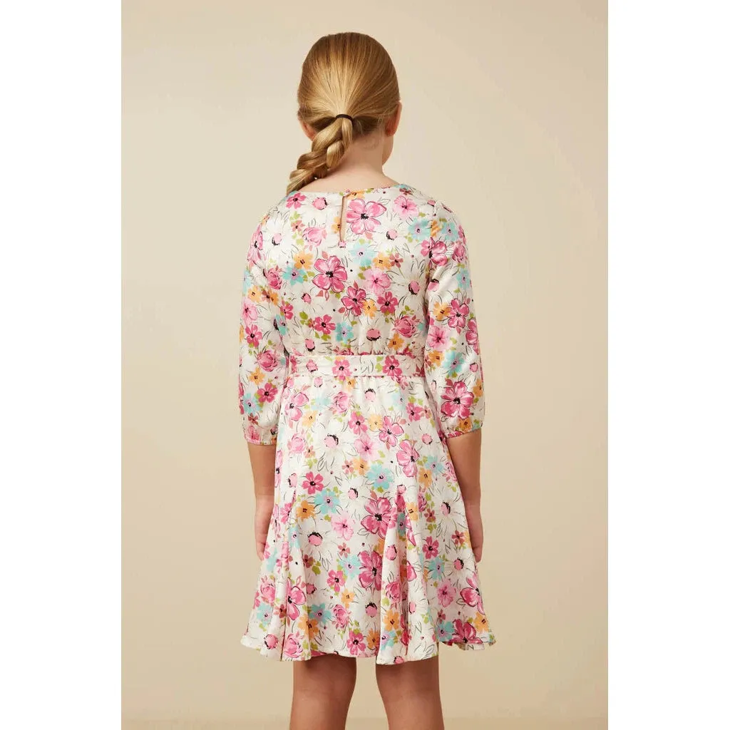 Hayden Girls Satin Floral Long Sleeve Belted Flare Skirt Dress