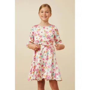 Hayden Girls Satin Floral Long Sleeve Belted Flare Skirt Dress
