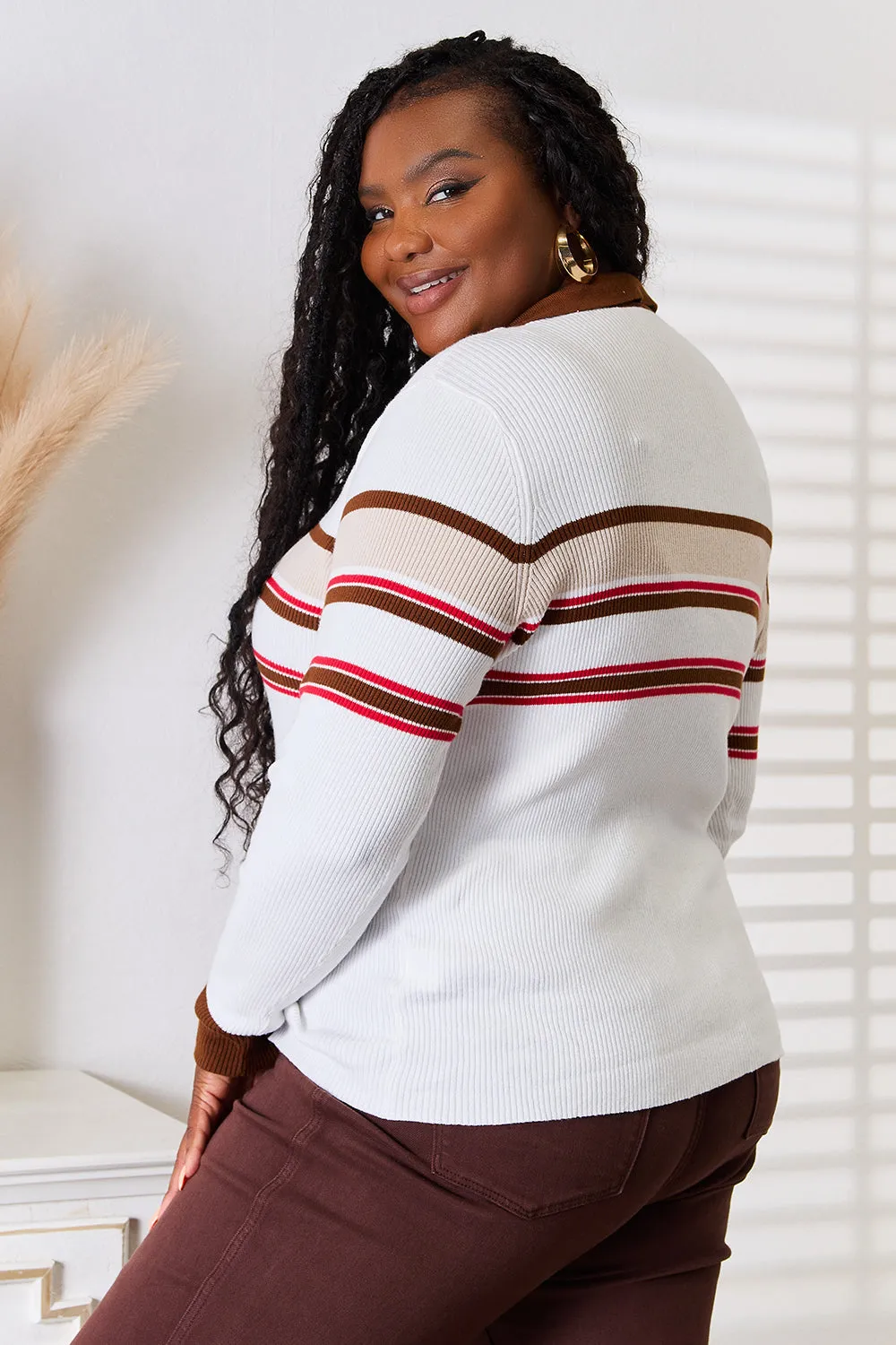 Hazel Blues® |  Basic Bae Striped Collared Neck Rib-Knit Top