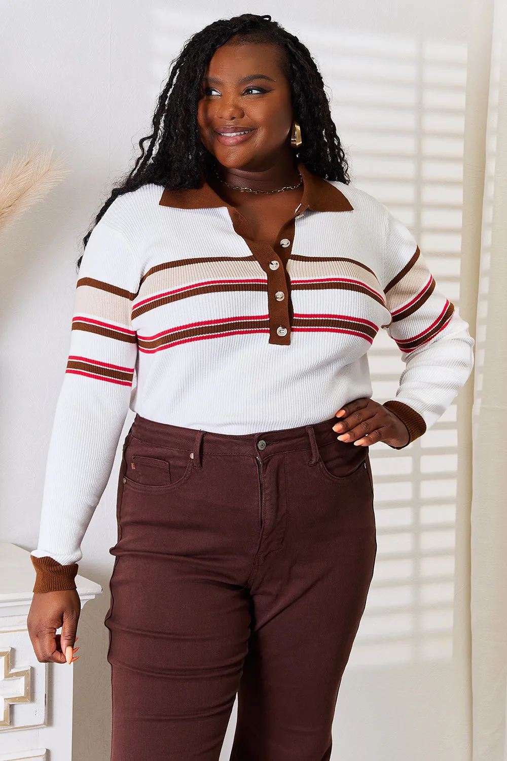 Hazel Blues® |  Basic Bae Striped Collared Neck Rib-Knit Top
