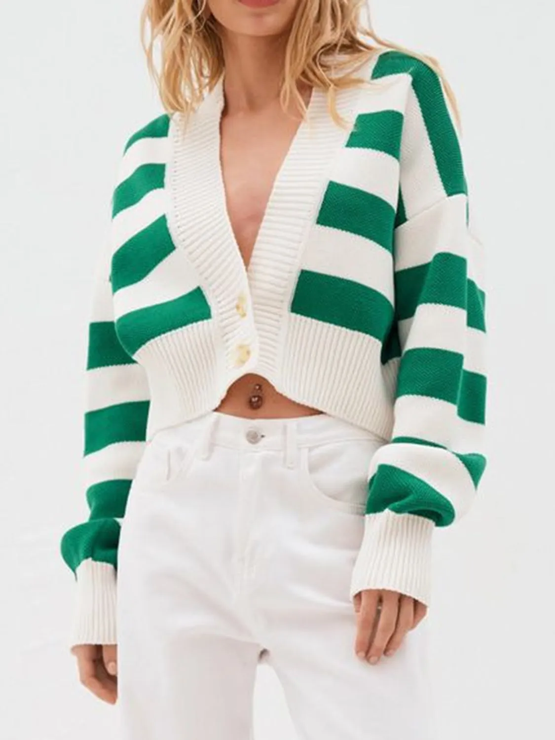 Hazel Blues® |  Striped Button Down Drop Shoulder Cardigan